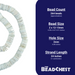 Spec card for pastel blue bone button beads: about 264 beads, 2 x 12-13mm, 2mm hole, 24 inch strand