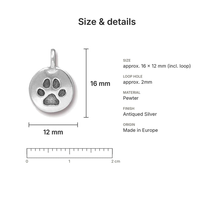 Antiqued silver paw print coin charm size and details: 16 x 12 mm pewter, 2mm loop hole, made in Europe