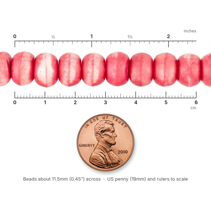 Size reference: Pink Bone Mala Beads (12mm) next to inch and cm rulers