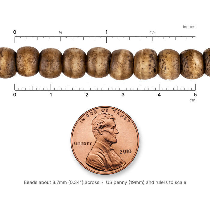 Size reference: Brown Rustic Bone Mala Beads (8mm) next to inch and cm rulers