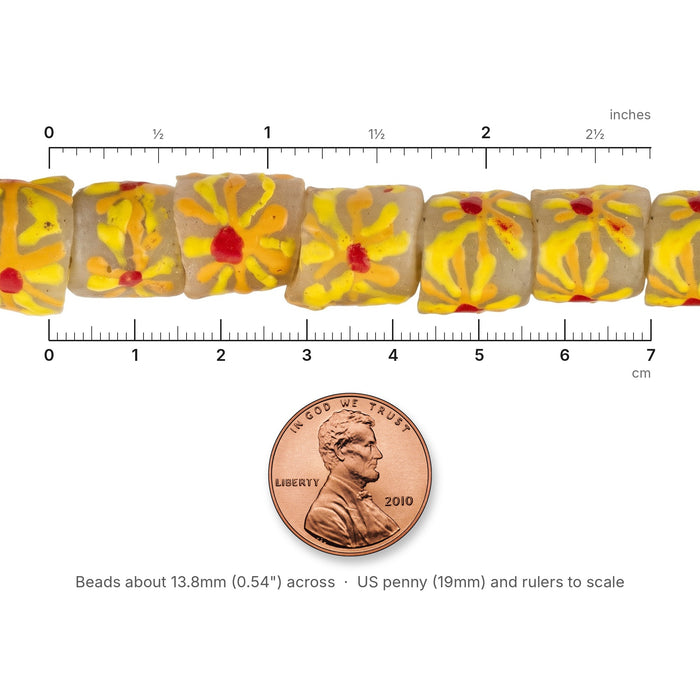 Size reference: Summer Sunshine Krobo Powder Glass Beads (Large) next to inch and cm rulers