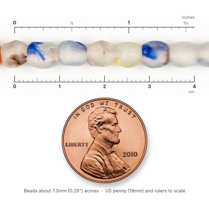 Size reference: Rainbow Speckled Recycled Glass Beads (7mm) next to inch and cm rulers