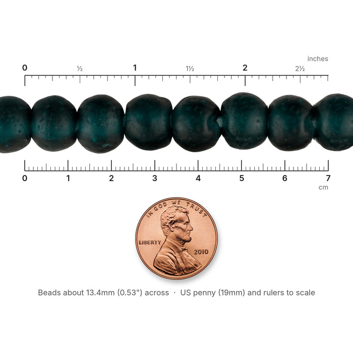 Size reference: Alpine Teal Recycled Glass Beads (14mm) next to inch and cm rulers