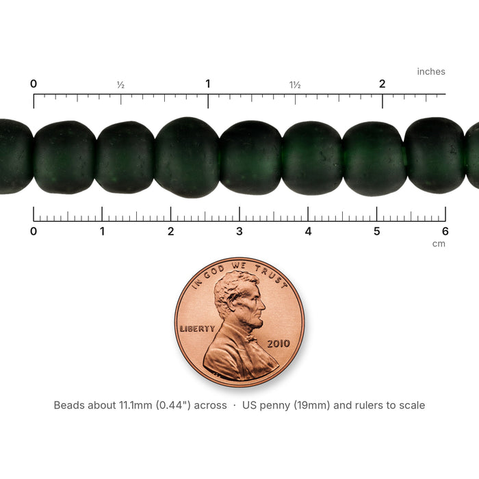 Size reference: Dark Emerald Green Recycled Glass Beads (11mm) next to inch and cm rulers