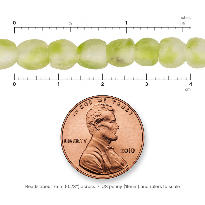 Size reference: Lemon Green Swirl Recycled Glass Beads (7mm) next to inch and cm rulers