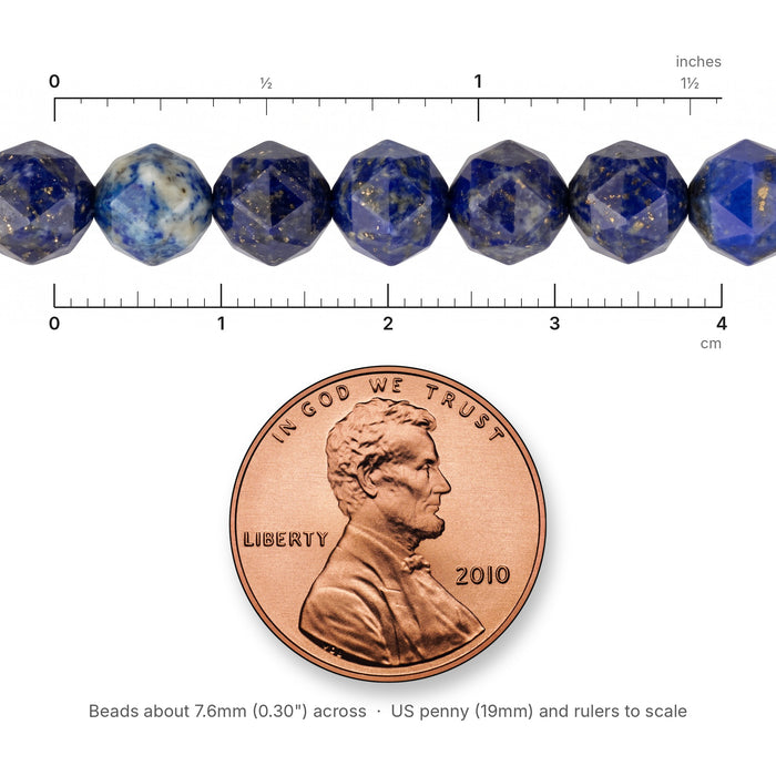 Size reference: Faceted Lapis Lazuli Beads (8mm, 7" strand) next to inch and cm rulers