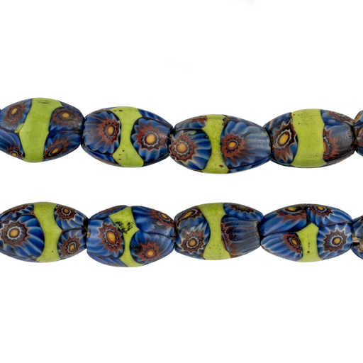 Blue & Green Oval Antique Venetian Millefiori Trade Beads (14x10mm)