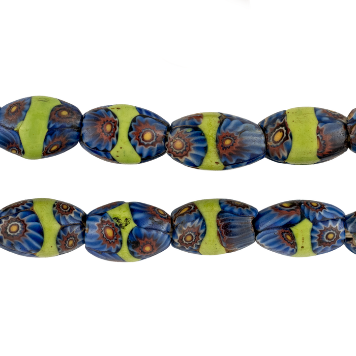 Blue & Green Oval Antique Venetian Millefiori Trade Beads (14x10mm)