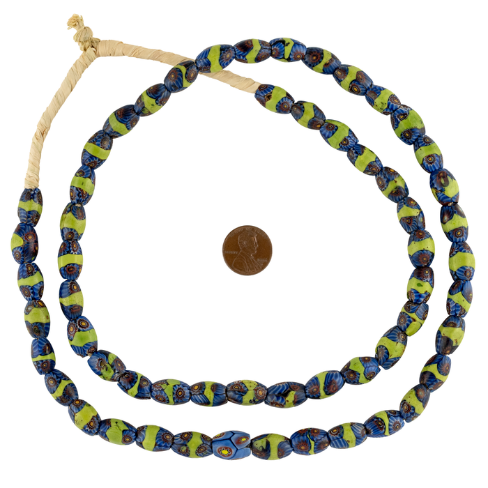 Blue & Green Oval Antique Venetian Millefiori Trade Beads (14x10mm)