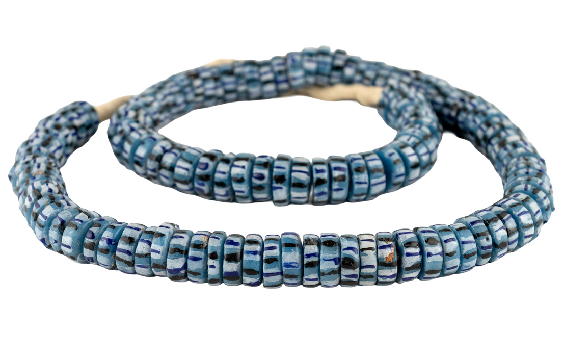 African Blue Chevron-Style Aja Krobo Beads (16mm)