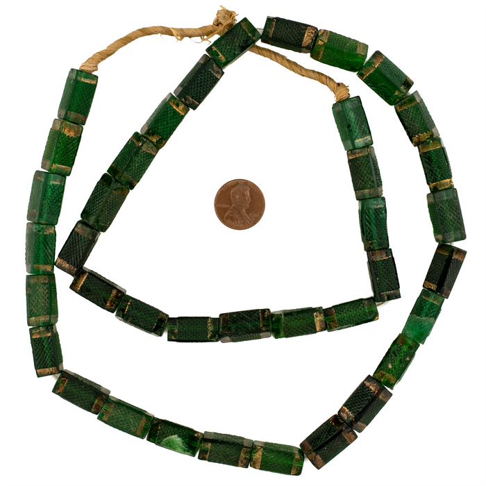 Rare Antique Green Czech Glass Trade Beads with Gold Edges