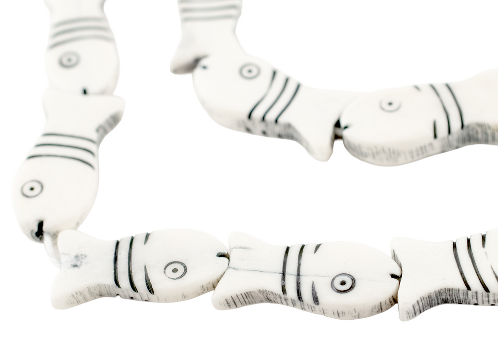 White Fish-shaped Carved Bone Beads (30x14mm)