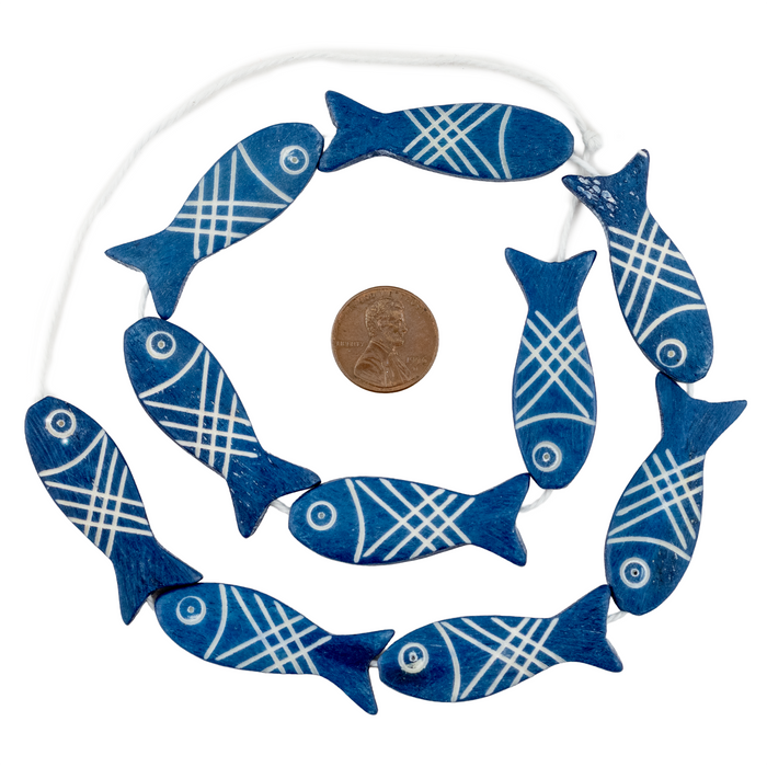 Cobalt Blue Fish-shaped Carved Bone Beads (42x15mm)