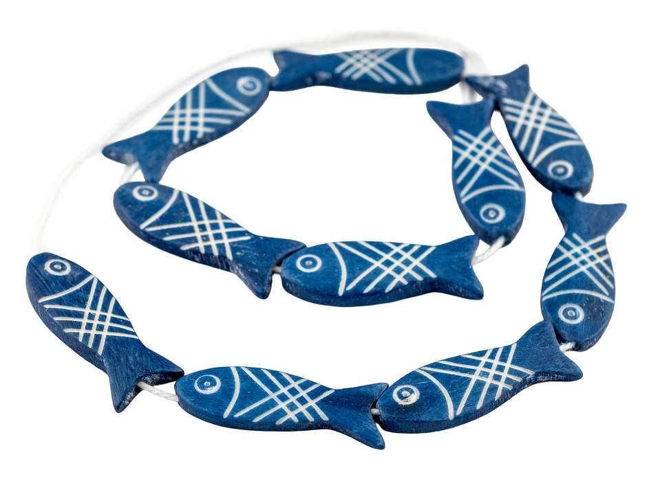 Cobalt Blue Fish-shaped Carved Bone Beads (42x15mm)