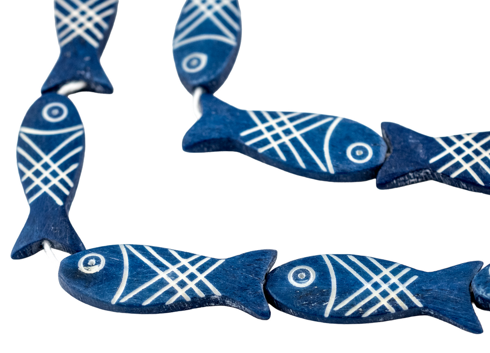 Cobalt Blue Fish-shaped Carved Bone Beads (42x15mm)