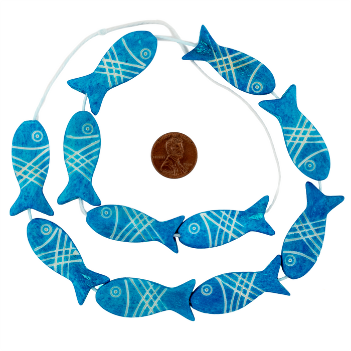 Azul Blue Fish-shaped Carved Bone Beads (42x15mm)