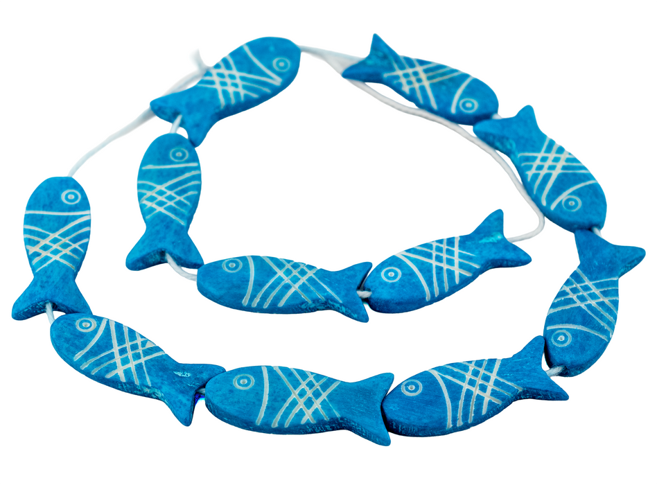 Azul Blue Fish-shaped Carved Bone Beads (42x15mm)