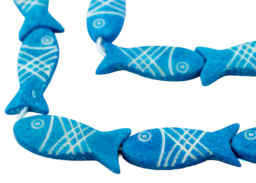 Azul Blue Fish-shaped Carved Bone Beads (42x15mm)