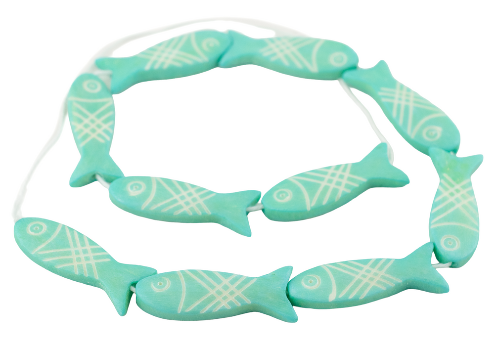 Green Aqua Fish-shaped Carved Bone Beads (42x15mm)