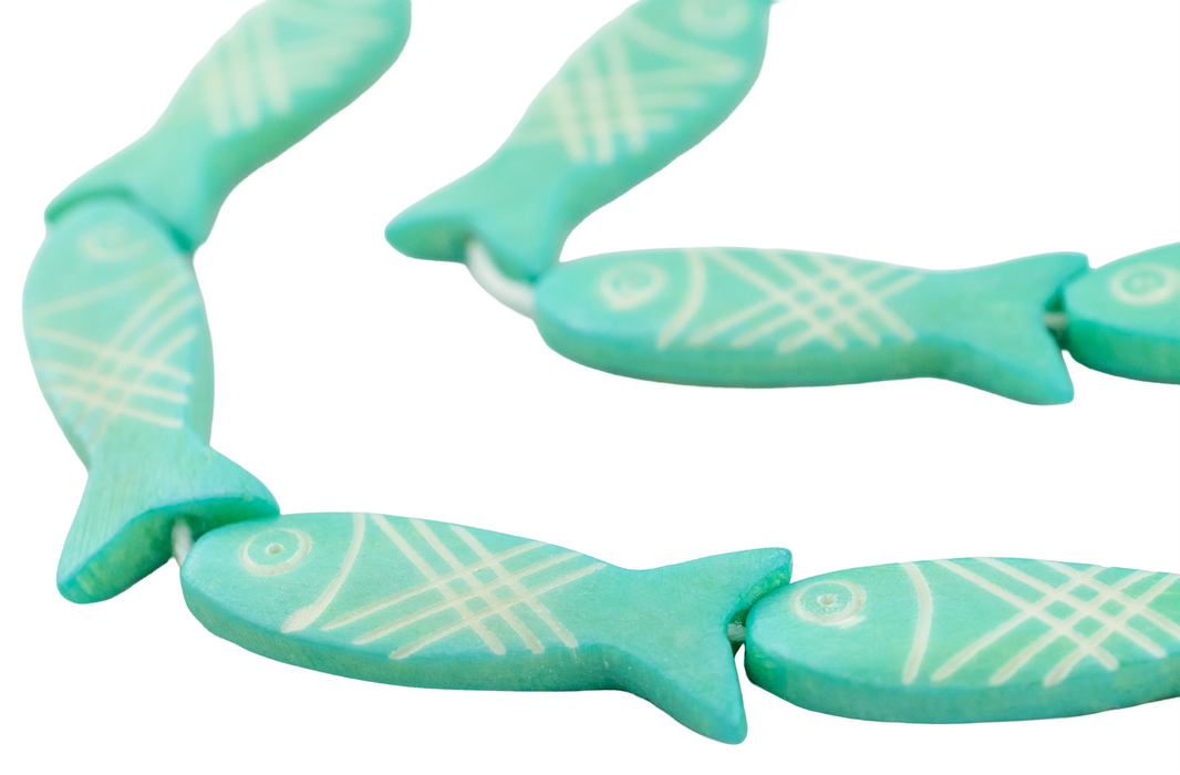 Green Aqua Fish-shaped Carved Bone Beads (42x15mm)