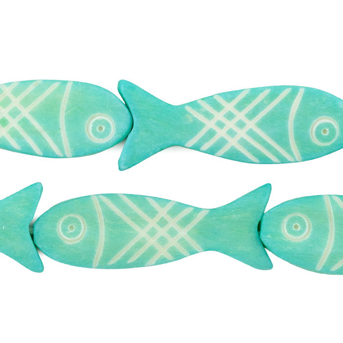 Green Aqua Fish-shaped Carved Bone Beads (42x15mm)