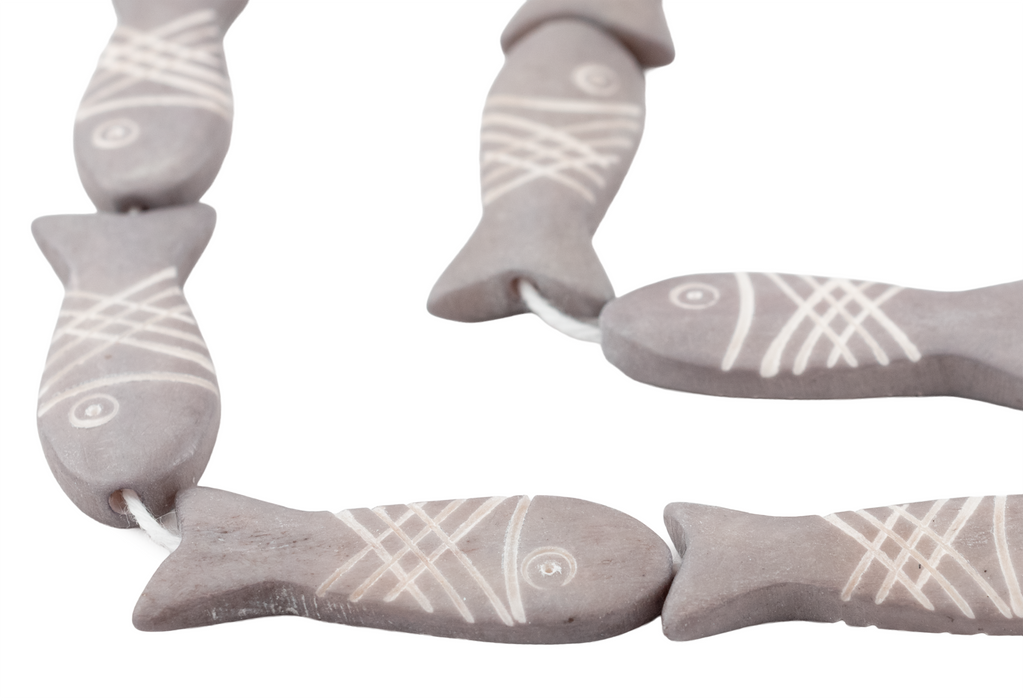Grey Fish-shaped Carved Bone Beads (42x15mm)