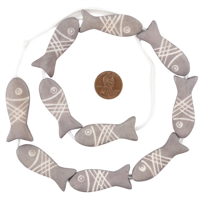 Grey Fish-shaped Carved Bone Beads (42x15mm)