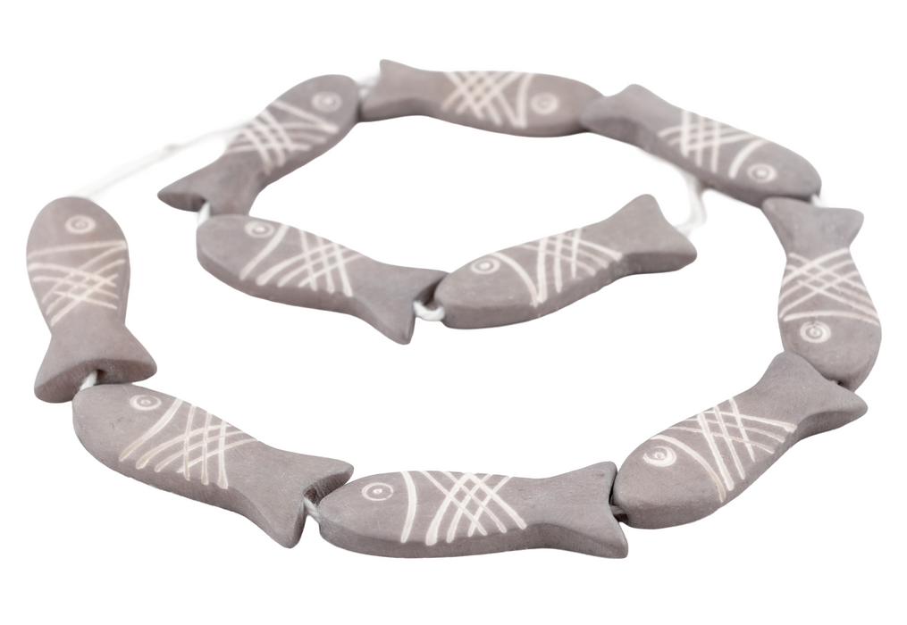 Grey Fish-shaped Carved Bone Beads (42x15mm)