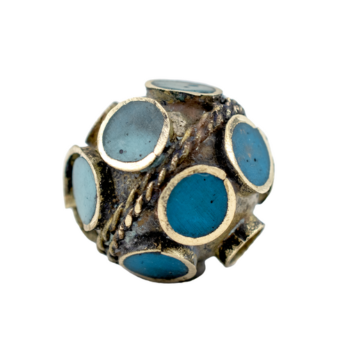 Turquoise-Inlaid Afghan Tribal Silver Bead (20mm)