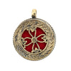Brass Inlaid Coral Red Round Floral Pendant (21x8mm)