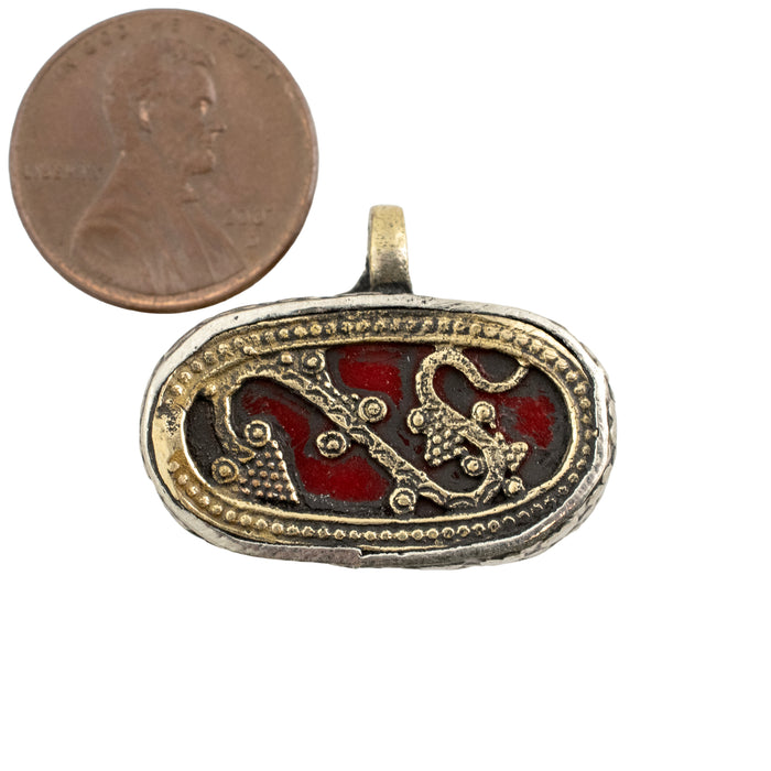 Brass Inlaid Coral Red Dragon Pendant (8x28mm) - The Bead Chest