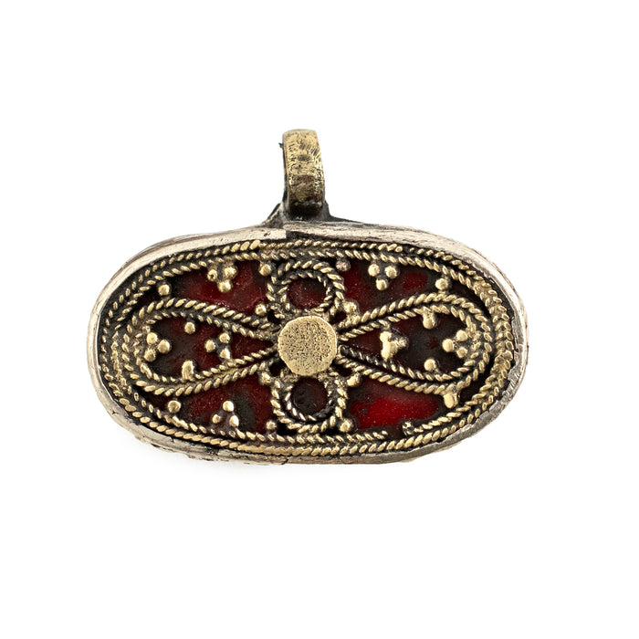 Brass Inlaid Coral Red Oval Floral Pendant - The Bead Chest
