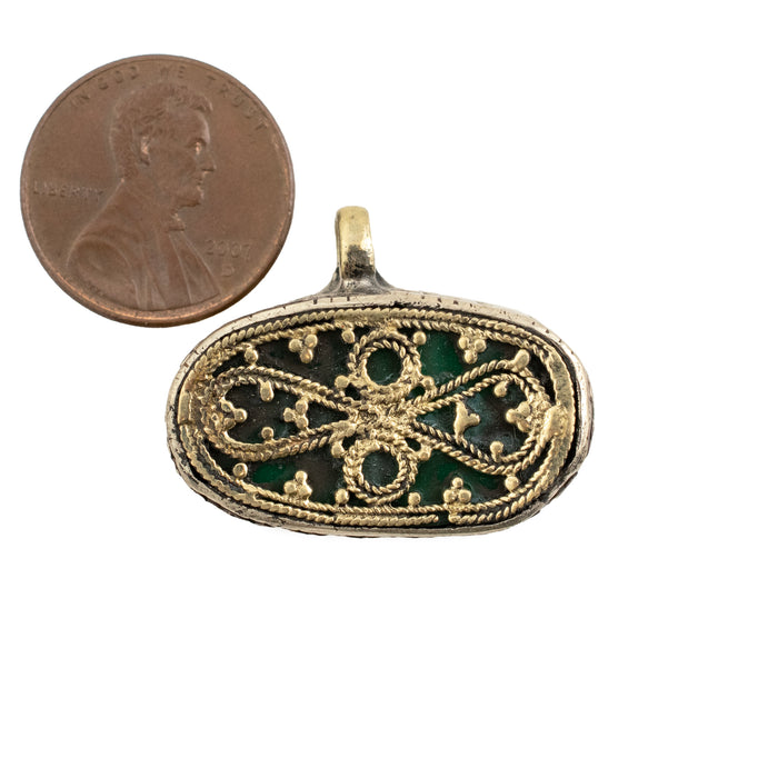 Brass Inlaid Deep Green Floral Pendant - The Bead Chest