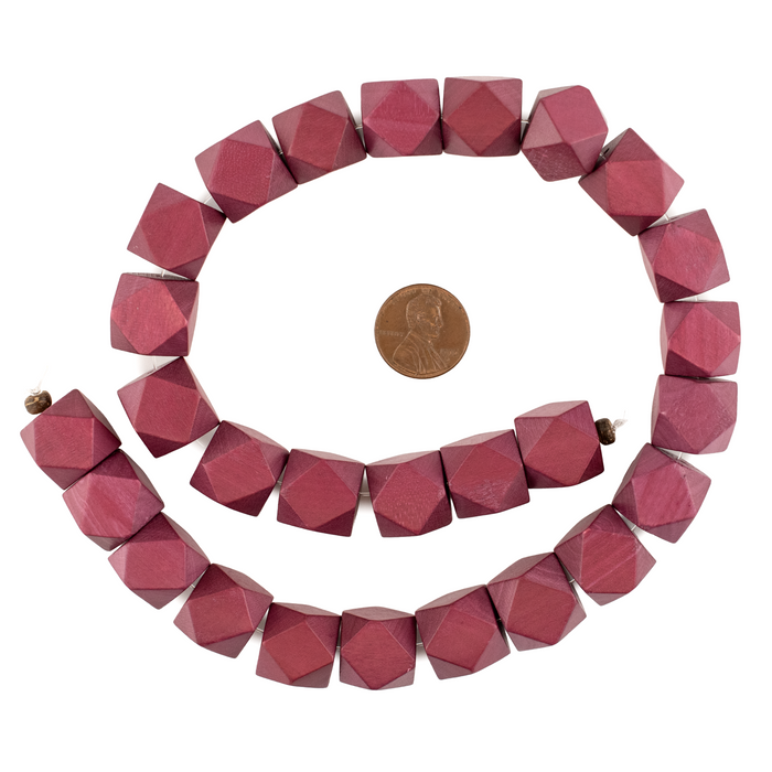 Rasberry Red Diamond Cut Natural Wood Beads (20mm)
