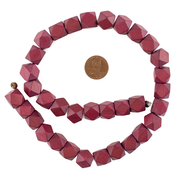 Raspberry Red Diamond Cut Natural Wood Beads (12mm)