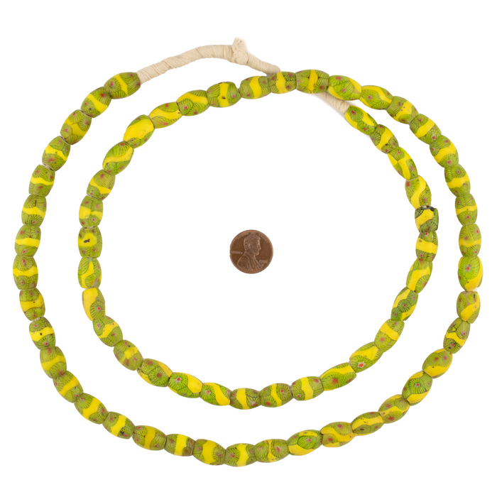 Yellow & Green Matching Oval Antique Venetian African Millefiori Trade Beads (Long Strand)