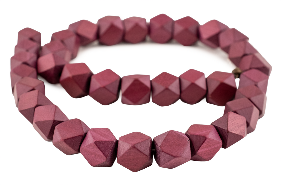 Raspberry Red Diamond Cut Natural Wood Beads (12mm)