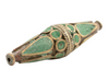 Serpentine-Inlaid Elongated Afghan Tribal Brass Bead (53x15mm)