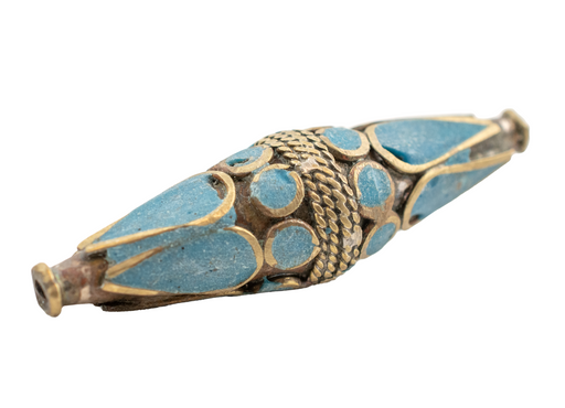 Turquoise-Inlaid Elongated Afghan Tribal Brass Bead (53x15mm)