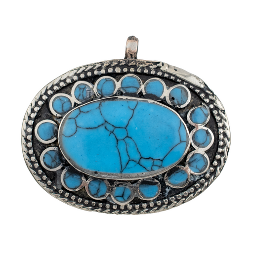 Turquoise Blue Oval Inlaid Afghan Silver Pendant (50x43mm)