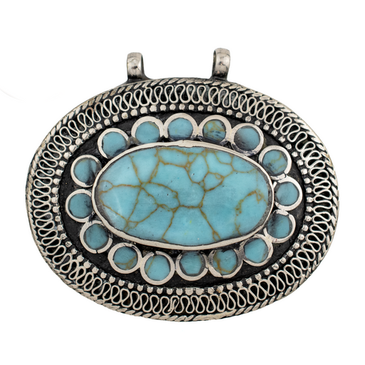Light Turquoise Blue Oval Inlaid Afghan Silver Pendant (57x50mm)