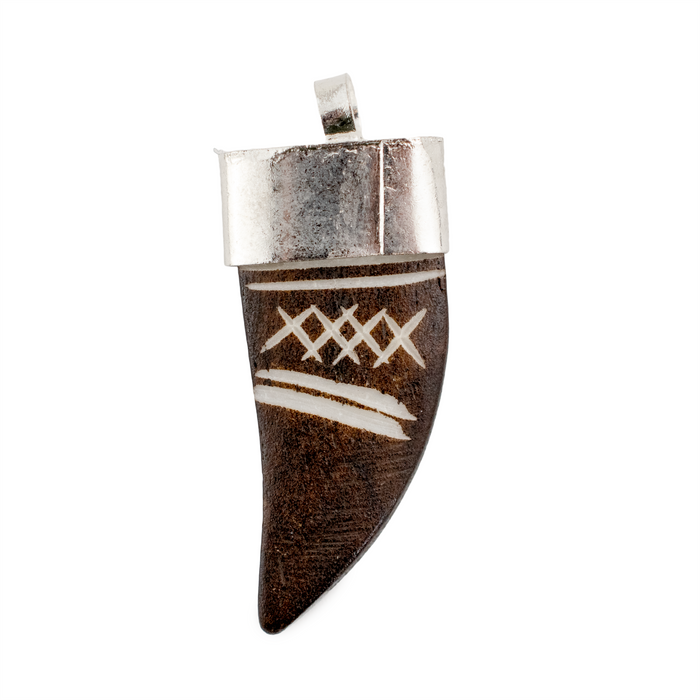 Silver Capped Carved Brown Bone Pendant (15x37) - The Bead Chest
