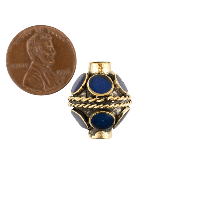Double-ended Lapis-Inlaid Afghan Tribal Silver Bead (16mm)