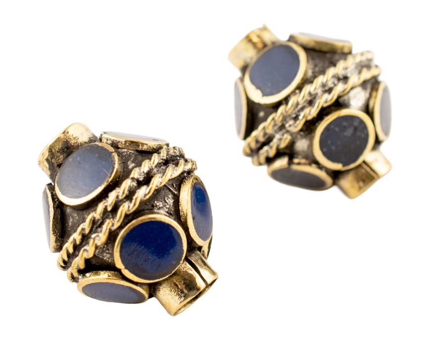 Double-ended Lapis-Inlaid Afghan Tribal Silver Bead (16mm)