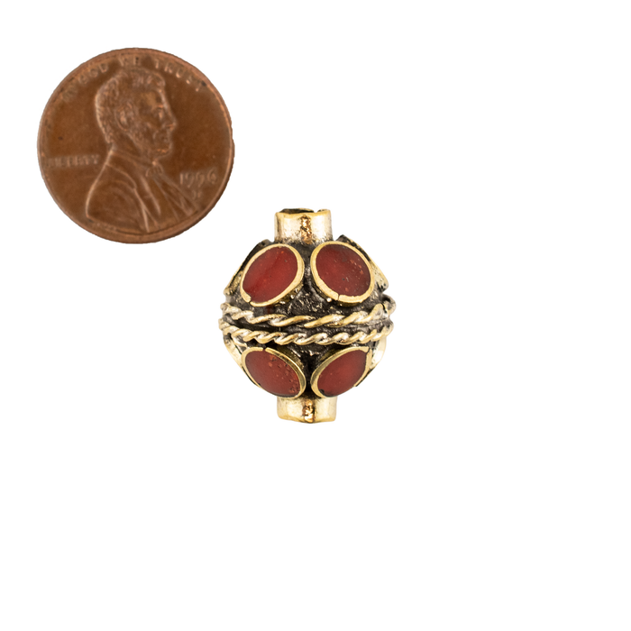 Double-ended Coral-Inlaid Afghan Tribal Silver Bead (16mm)