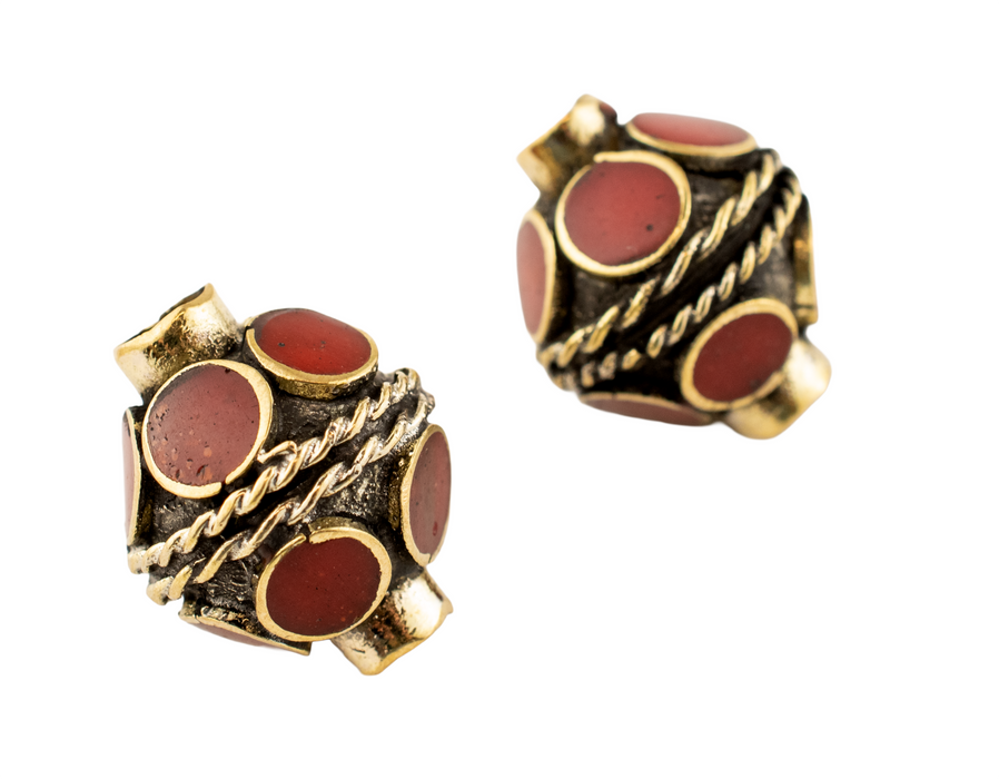 Double-ended Coral-Inlaid Afghan Tribal Silver Bead (16mm)