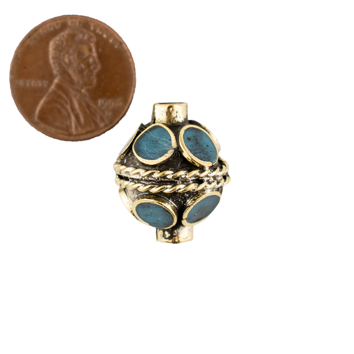 Double-ended Turquoise-Inlaid Afghan Tribal Silver Bead (16mm)