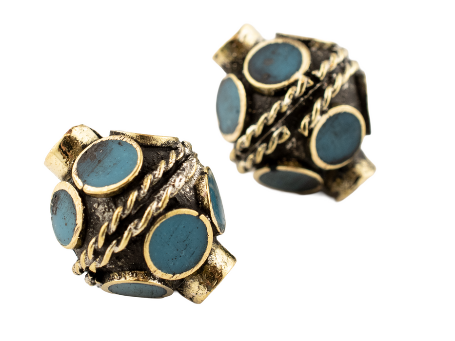 Double-ended Turquoise-Inlaid Afghan Tribal Silver Bead (16mm)