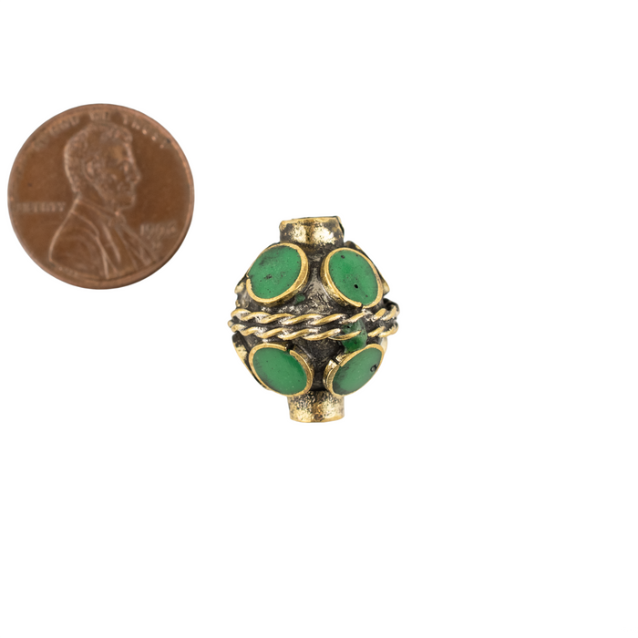 Double-ended Emerald-Inlaid Afghan Tribal Silver Bead (16mm)