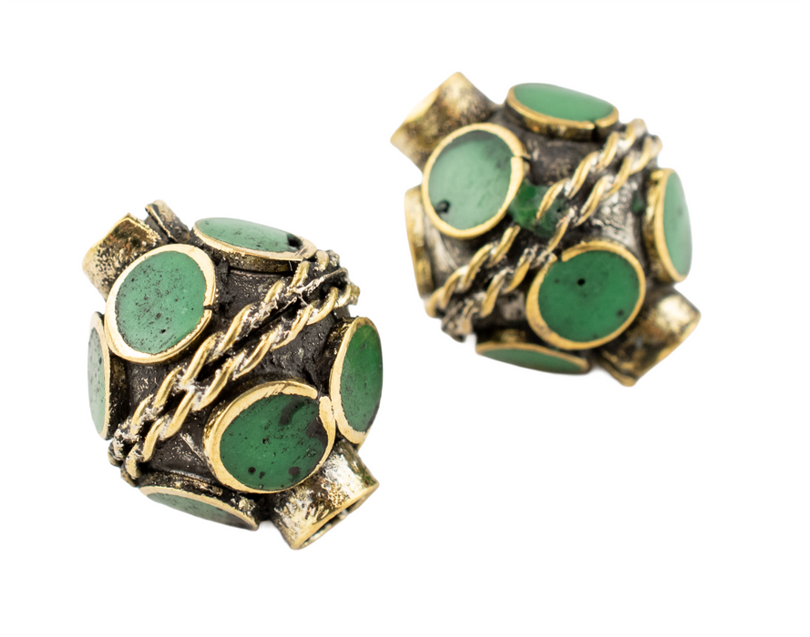 Double-ended Emerald-Inlaid Afghan Tribal Silver Bead (16mm)